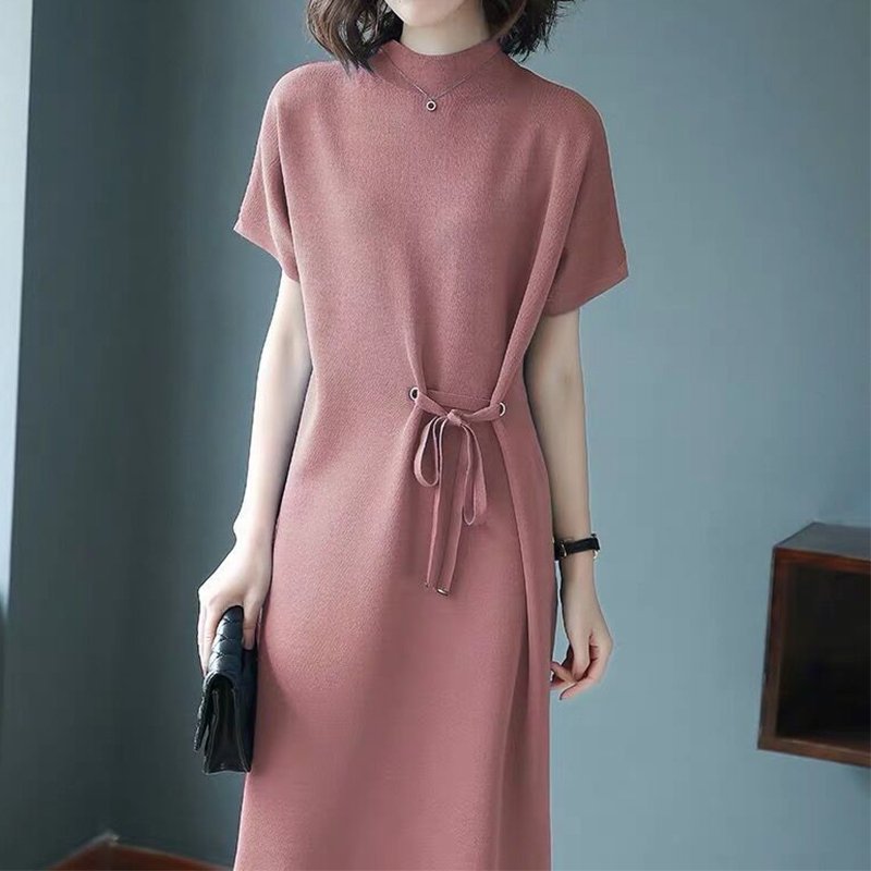 Knitted Lace-Up Casual Plain Dresses