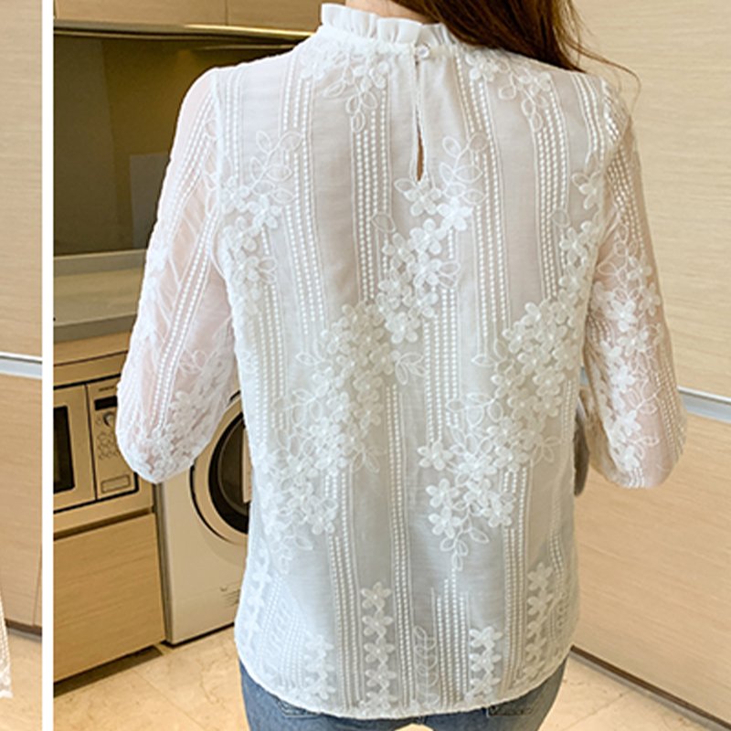 White Casual Floral Embroidered Shift Shirts & Tops