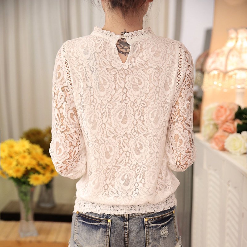 White Floral Casual Lace Shirts & Tops