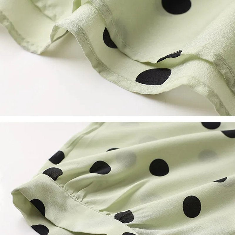 Green Balloon Sleeve Shift Polka Dots Shirts & Tops