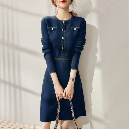 Navyblue Knitted Cotton-Blend Elegant A-Line Dresses