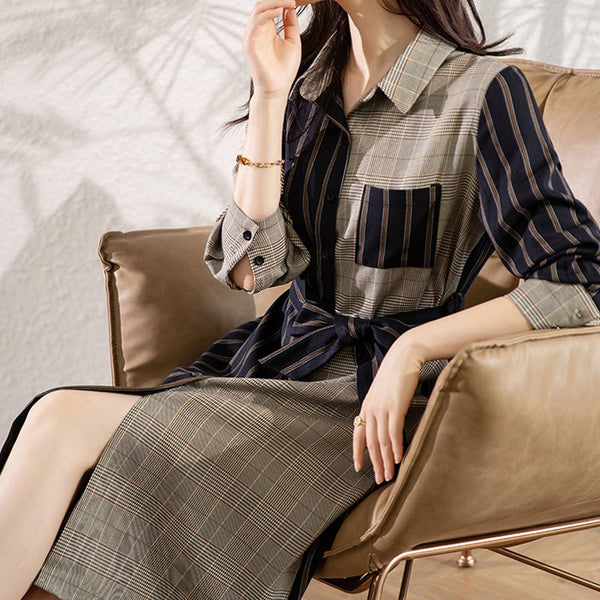 Stripe Shift Casual Long Sleeve Cotton-Blend Dresses