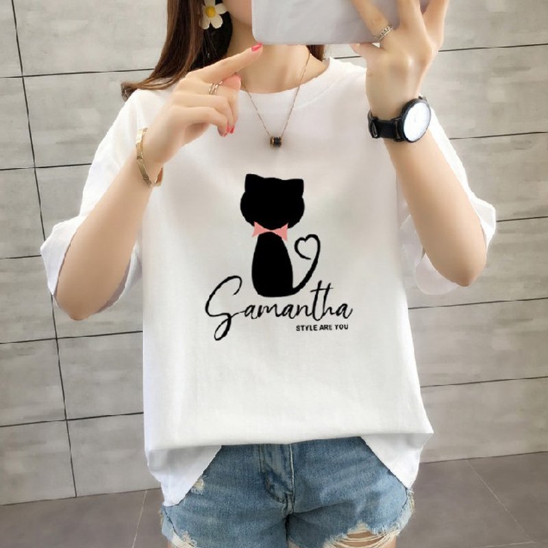 Cat Cotton Shift Short Sleeve Printed Shirts & Tops