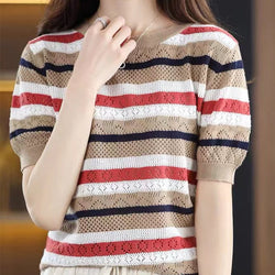 Short Sleeve Striped Knitted Shirts & Tops