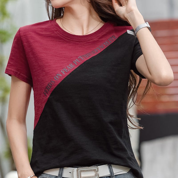 Cotton Color-Block Short Sleeve Plain Shirts & Tops