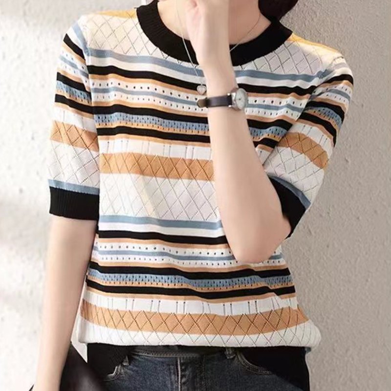 Multicolor Short Sleeve Knitted Color-Block Shirts & Tops