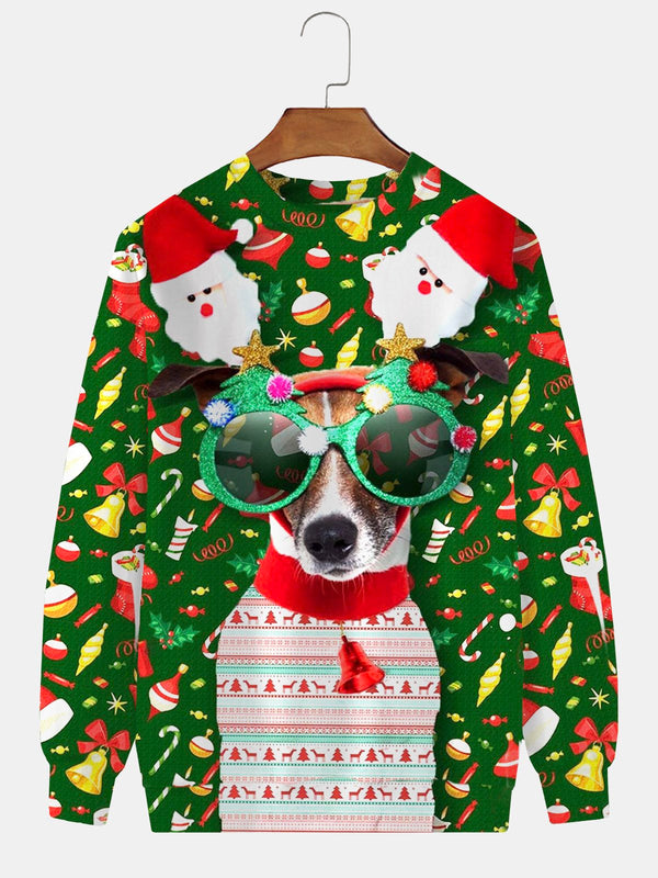 Men's Christmas Cartoon Dog Print Round Neck Long Sleeve Sweatshirt