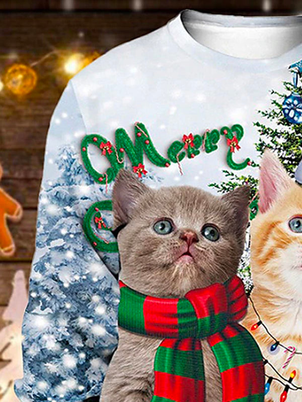 Men's Christmas Cat Printed Crew Neck Sweatshirt