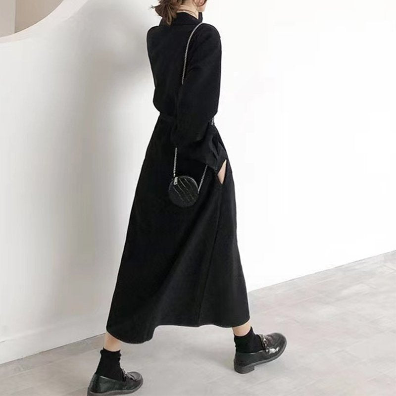 Black Solid Long Sleeve Shift Buttoned Dresses