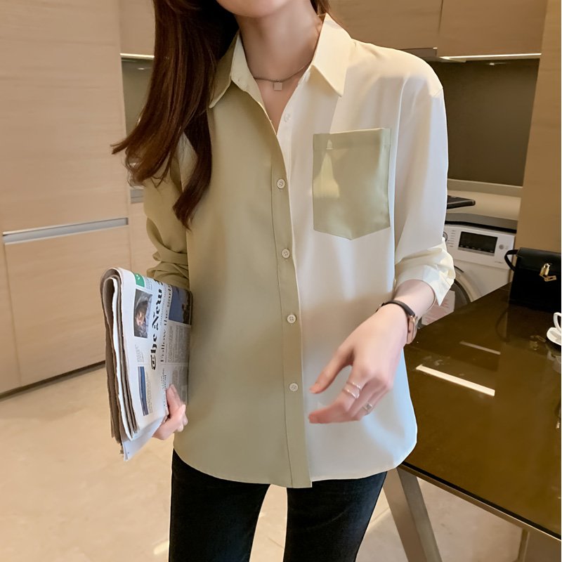All-match Loose Color Matching Long-sleeved Pocket Shirt
