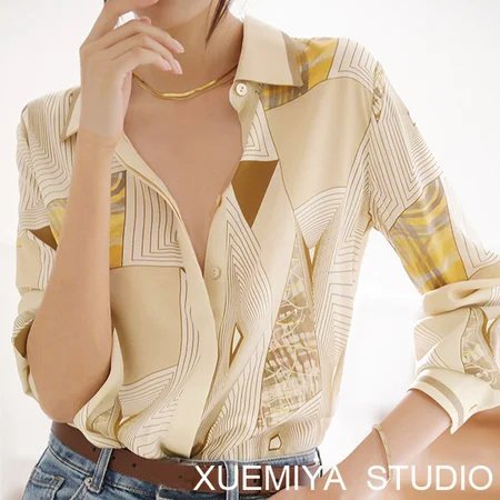 Stripe Printed Long Sleeve Geometric Silk-Chiffon Shirts & Tops