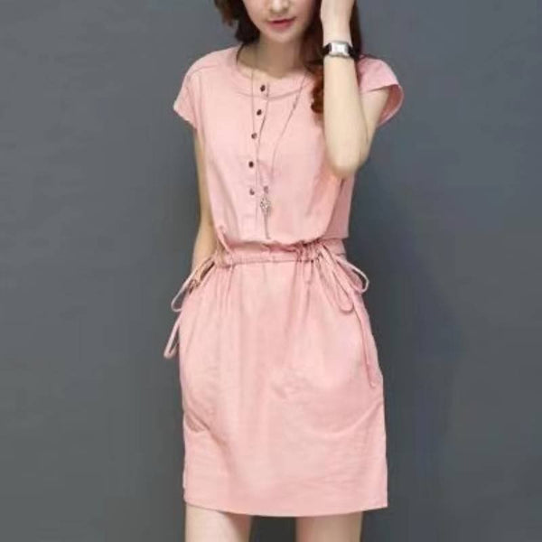 Short Sleeve Plain Cotton-Blend Dresses