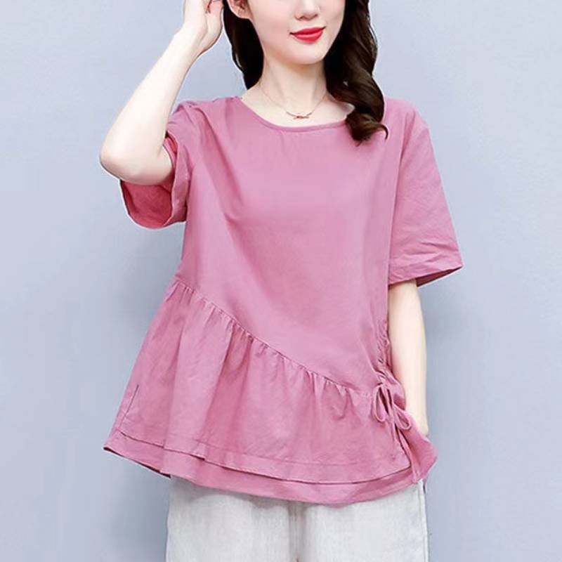 Cotton-Blend Plain Short Sleeve Shirts & Tops