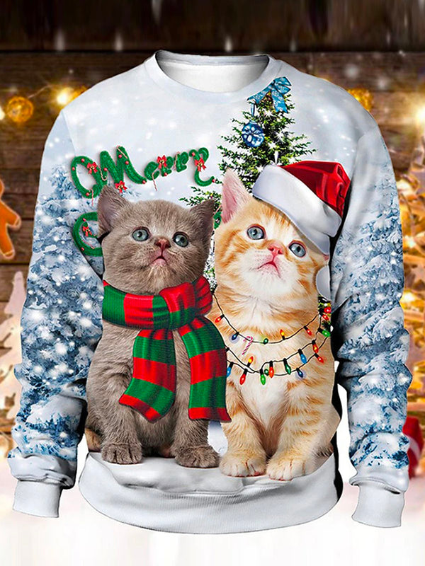 Men's Christmas Cat Printed Crew Neck Sweatshirt