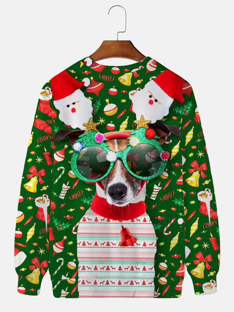 Men's Christmas Cartoon Dog Print Round Neck Long Sleeve Sweatshirt