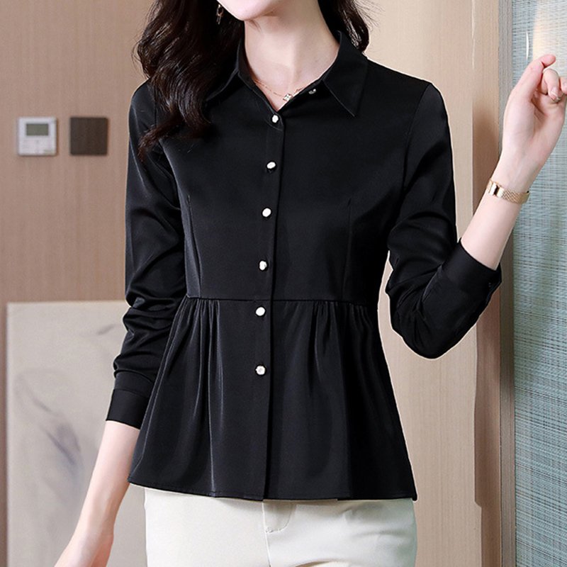 Silk-Chiffon Long Sleeve Plain A-Line Shirts & Tops