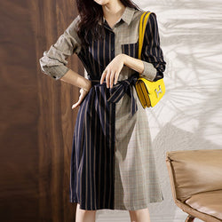 Stripe Shift Casual Long Sleeve Cotton-Blend Dresses