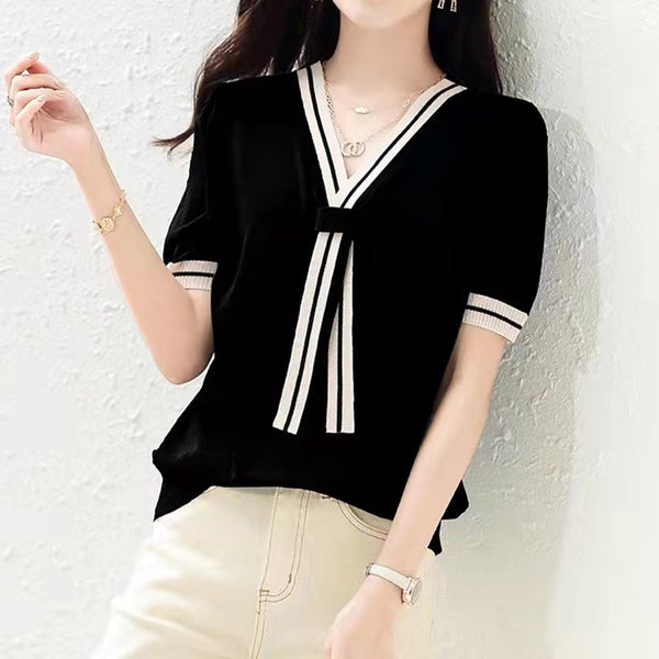Casual Knitted Short Sleeve Shift Shirts & Tops