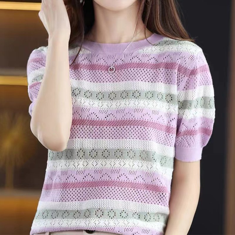 Short Sleeve Striped Knitted Shirts & Tops