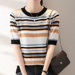 Multicolor Short Sleeve Knitted Color-Block Shirts & Tops