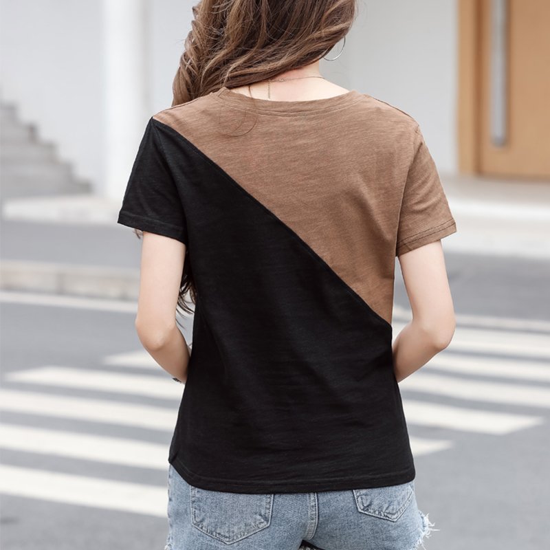 Cotton Color-Block Short Sleeve Plain Shirts & Tops