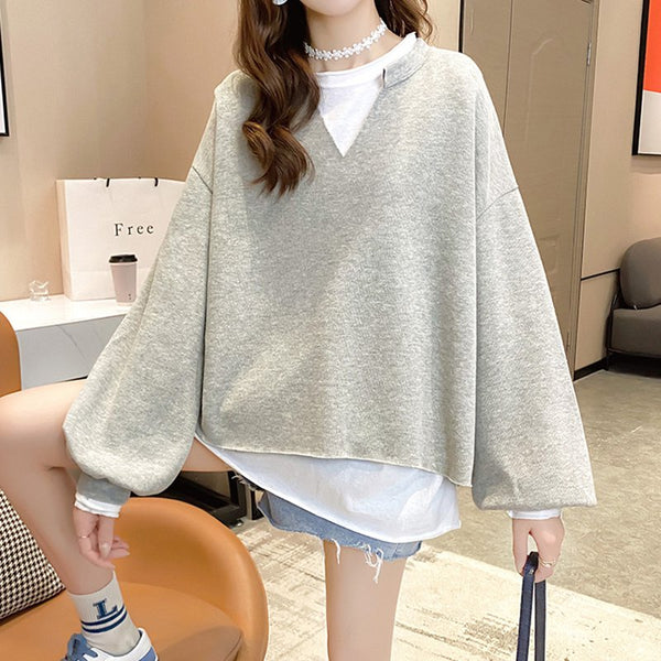 Cotton-Blend Long Sleeve Casual Paneled Sweatshirt