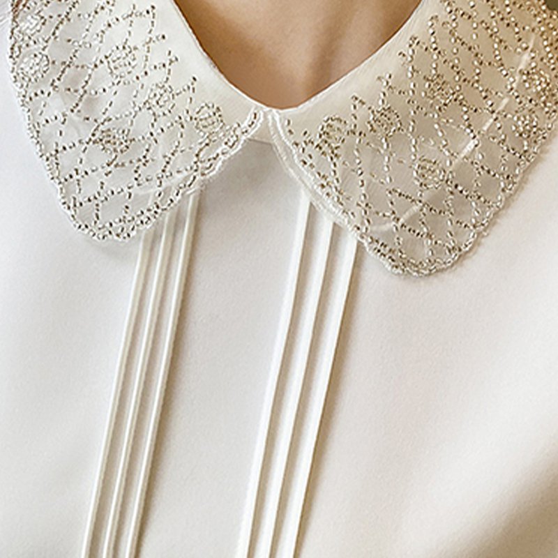 White Shift Casual Silk-Chiffon Beaded Long Sleeve Shirts & Tops