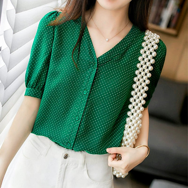 Green Printed Casual Shift Polka Dots Shirts & Tops