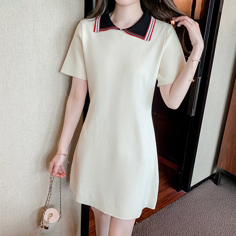 White Short Sleeve A-Line Paneled Knitted Dresses