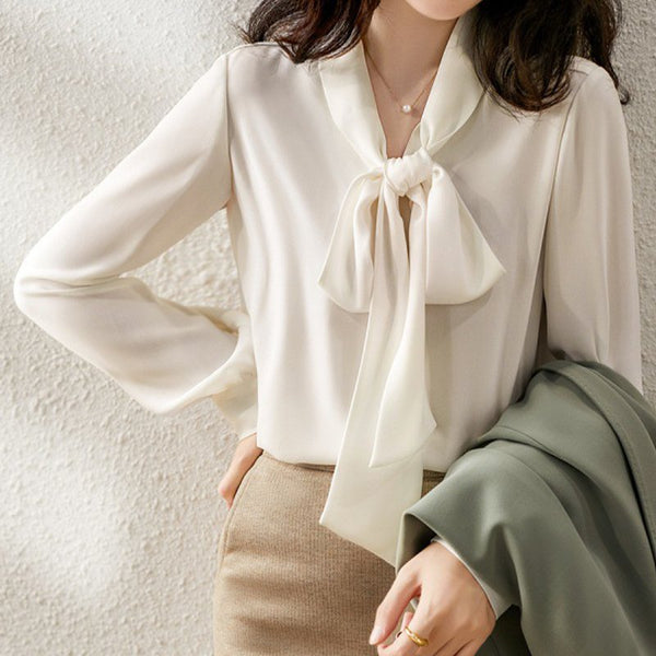 White Casual Long Sleeve Shift Bow Shirts & Tops