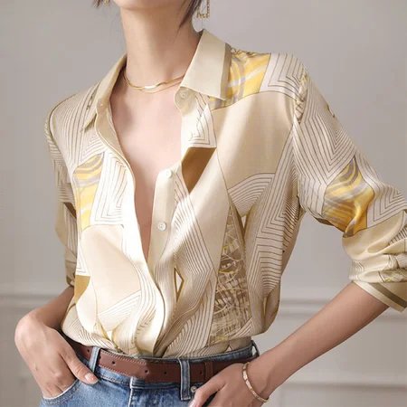 Stripe Printed Long Sleeve Geometric Silk-Chiffon Shirts & Tops