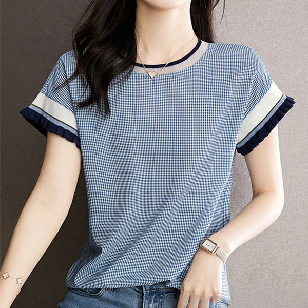 Blue Paneled Short Sleeve Shift Checkered/plaid Shirts & Tops