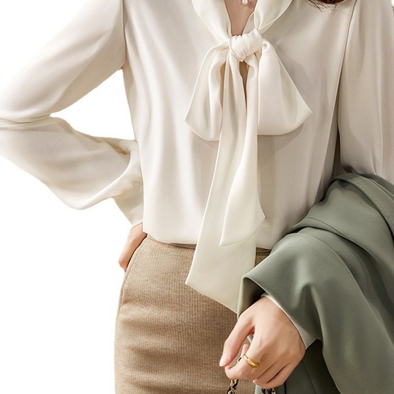 White Casual Long Sleeve Shift Bow Shirts & Tops