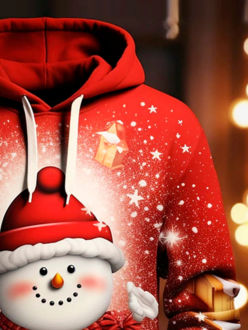 Men's Christmas Snowman Print Drawstring Hooded Sweatshirt
