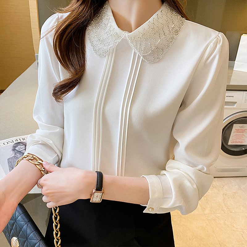 White Shift Casual Silk-Chiffon Beaded Long Sleeve Shirts & Tops