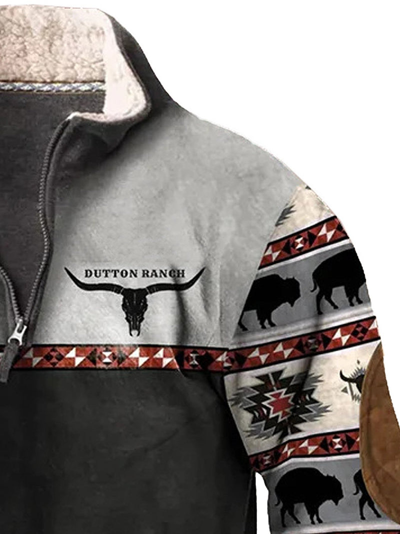 Men's Western Ethnic Contrast Print Quarter-Zip Sweatshirt