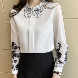 White Long Sleeve Chiffon Floral Printed Shirts & Tops