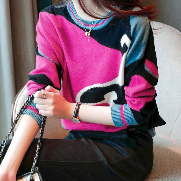 Red Abstract Long Sleeve Crew Neck Sweater