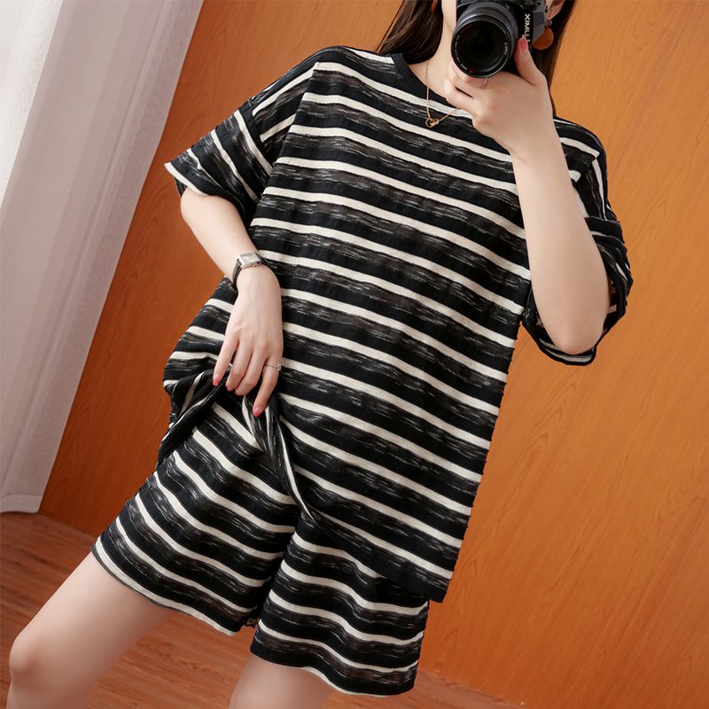Short Sleeve Striped Pockets Casual Suits
