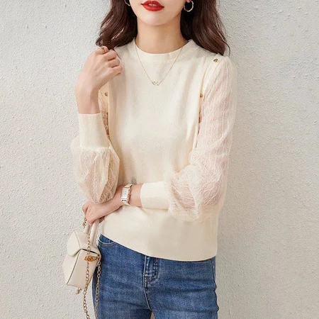 Paneled Lace Long Sleeve Solid Shirts & Tops