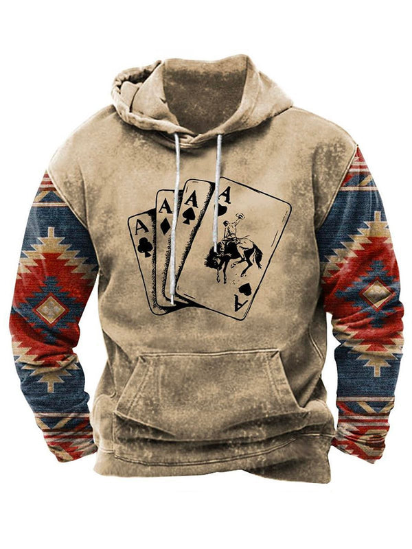 Men's Western Poker Ethnic Print Drawstring Hooded Sweatshirt