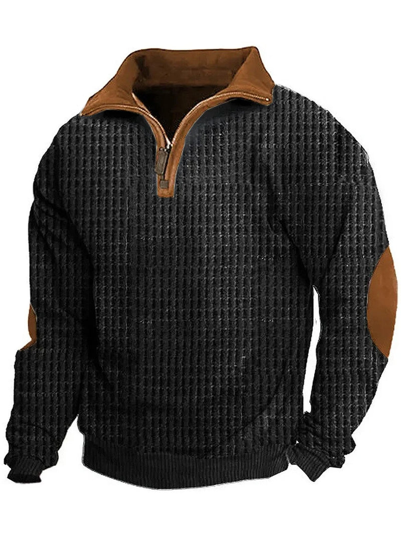 Men's Vintage Check Jacquard Stand Collar Half Zip Basic Sweatshirt