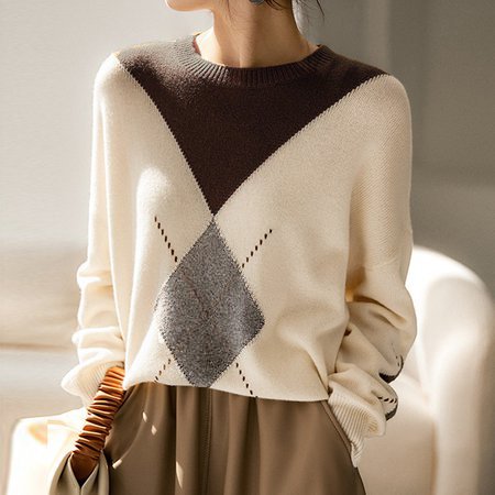 Off White Casual Knitted Geometric Sweater