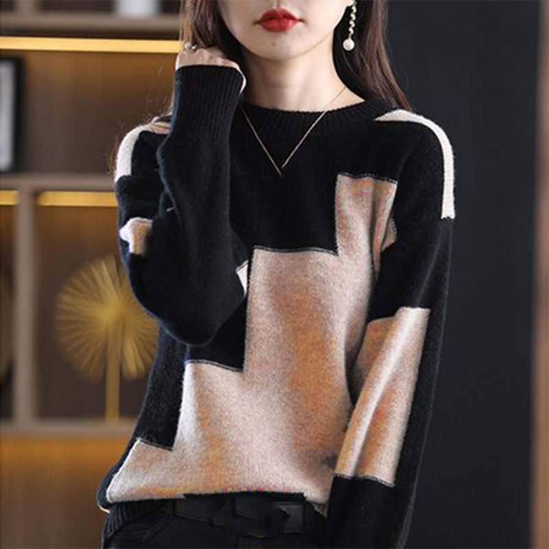Geometric Long Sleeve Shift Cotton-Blend Sweater