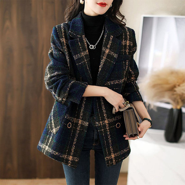 Navyblue Checkered/plaid Shift Vintage Outerwear