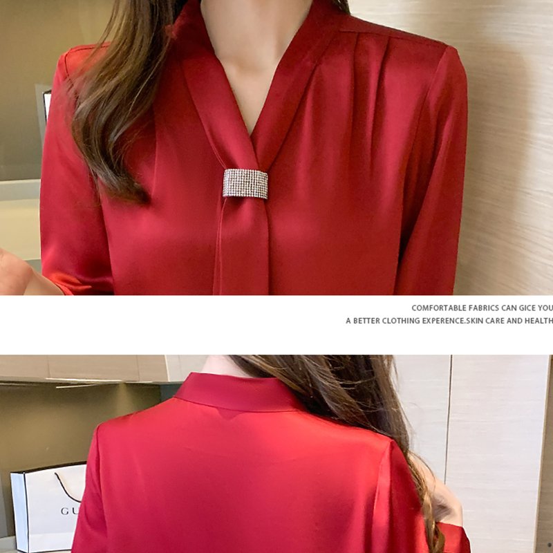 Red Silk-Chiffon Long Sleeve Shirts & Tops