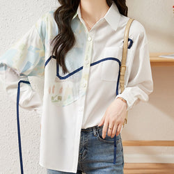 White Long Sleeve Cotton-Blend Abstract Casual Shirts & Tops