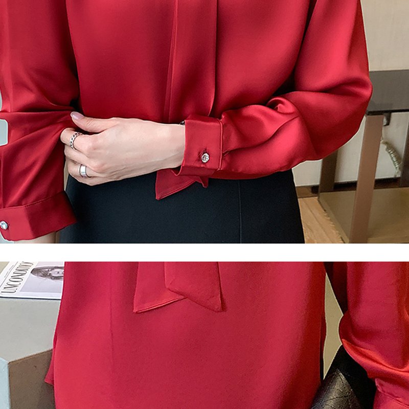 Red Silk-Chiffon Long Sleeve Shirts & Tops