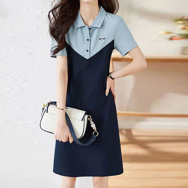 Blue Short Sleeve Color-Block A-Line Plain Dresses