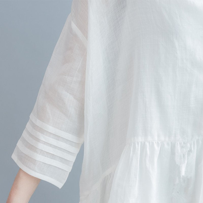White Cotton 3/4 Sleeve A-Line Plain Dresses Suit